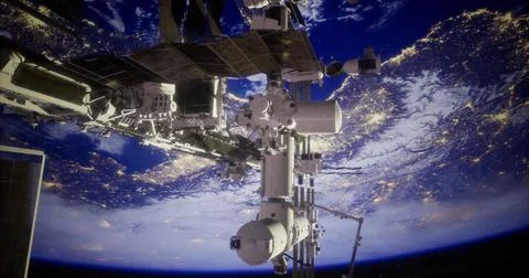 Space station orbits Earth while showcasing vibrant city lights below Stock Illustration