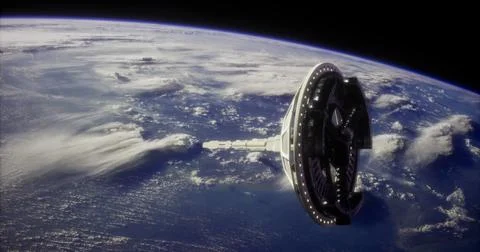 Space station orbits Earth while clouds drift in the atmosphere above Stock Illustration