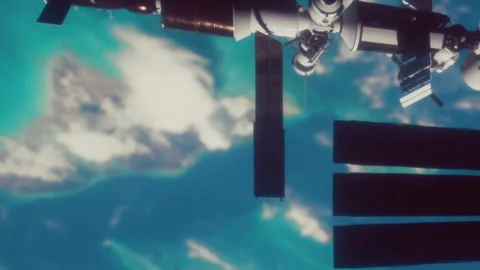 Space station orbits over Earth with view of land and water Stock Footage 345055974