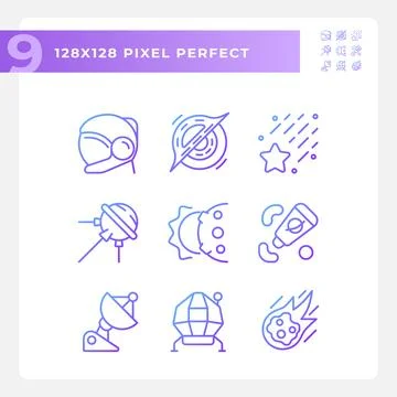 Space station pixel perfect gradient linear vector icons set Ilustração Stock