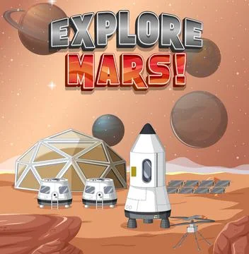 Space station on planet with Explore Mars logo Stock Illustration