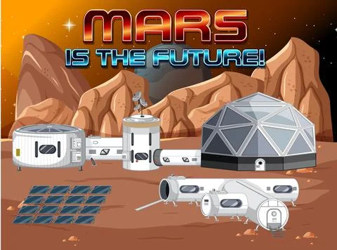 Space station on planet with Mars is the future logo Stock Illustration