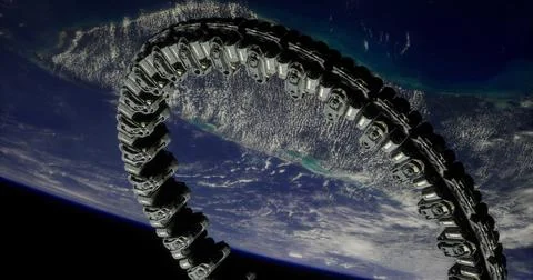 Space station ring structure above Earth in stunning view Stock Illustration