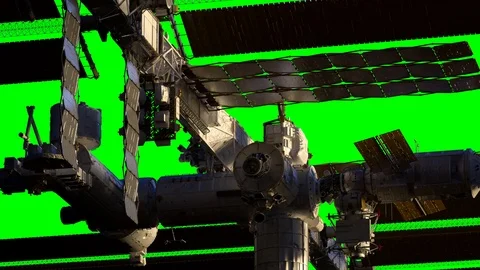 Space station rotating at the space, render 3d on a green background Stock Footage 113749119