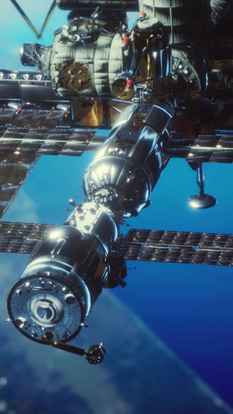 Space station seen from above with Earth in the background Stock Footage 344960419