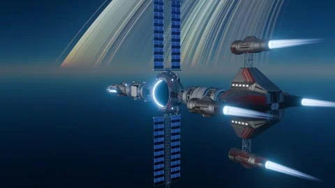 Space Station with Solar Arrays Orbiting a Ringed Planet 4K Видео 339269272