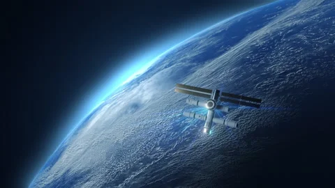 A space station in space orbiting the Earth, emitting many blue rays. a conce Stock Footage 196089271