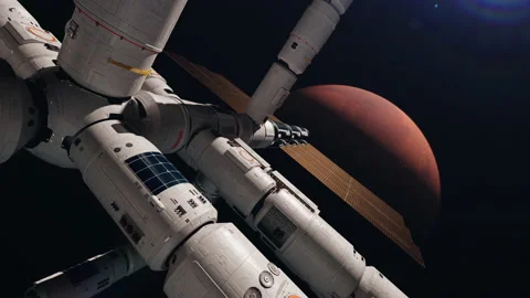 A space station in space orbiting mars. the concept of space travel and settl 스톡 동영상 220320178