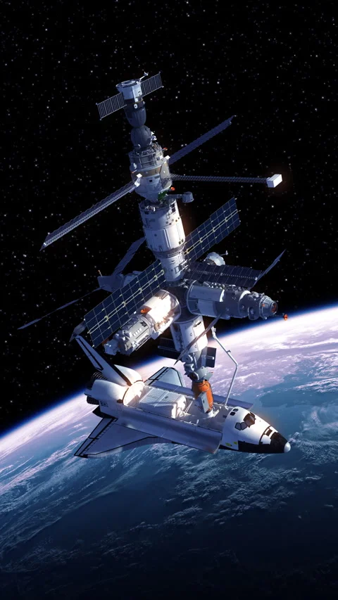 Space Station With Space Shuttle Orbiting Earth Stock Footage 338409919