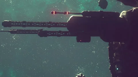 Space station structure on a cosmic background with asteroids Stock Footage 344063394