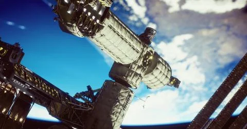 Space station structure orbiting Earth under a clear blue sky Stock Illustration