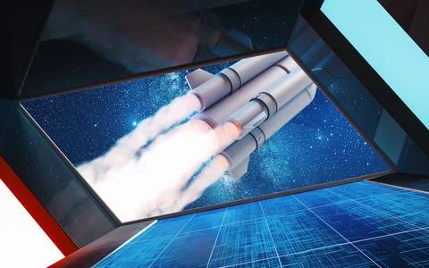 Space station view of the rocket, 3d rendering. Stock Illustration