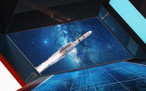 Space station view of the rocket, 3d rendering. Stock Illustration