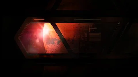 Space station window overlooking planet Mars and virtual data. Stock Illustration