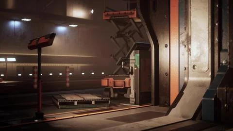 Space station's interior featuring walls made of metal and dim illumination Illustrazione stock
