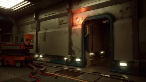 Space station's interior featuring walls made of metal and dim illumination 스톡 일러스트