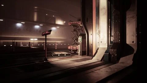 Space station's interior with metallic walls and subdued lighting 스톡 일러스트