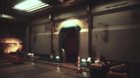 Space station's interior with walls made of metal and dim lighting 스톡 일러스트