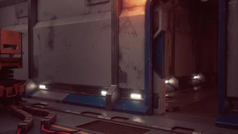 Space station's metallic walled interior with subdued illumination 스톡 일러스트