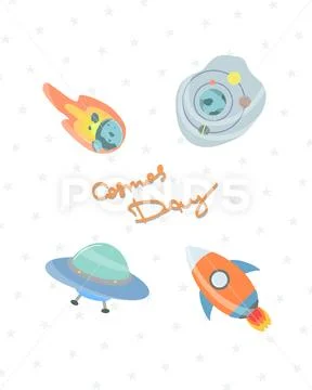 Space stickers collection with asteroid, galaxy, UFO and rocket Modello PSD