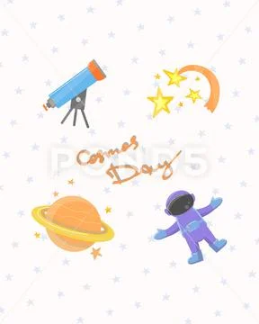 Space stickers collection with stars, planet, astronaut, telescope PSD Template