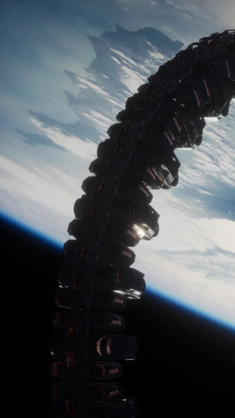 Space structure viewed from orbit with Earth in the background Stock Footage 344961586