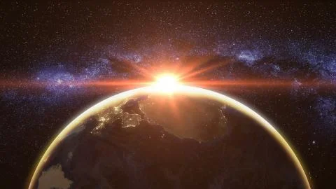 Space sunset Earth scape: sun set with its rays behind model of cosmos planet in Stockfoto's