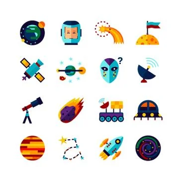 Space Symbols Flat Icons Set Stock Illustration