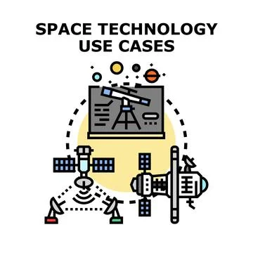 Space technology use cases employing satellites and telescope Stock Illustration