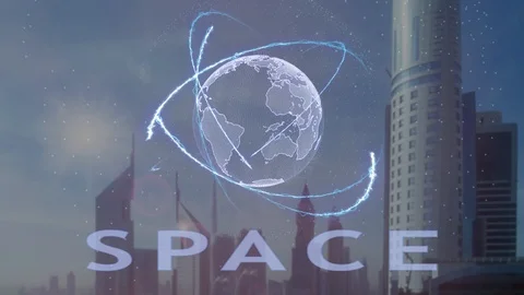 Space text with 3d hologram of the planet Earth against the backdrop of the Vídeos de archivo 99040422