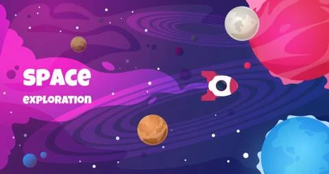 Space text background. Future galaxy shape science cartoon travel banner trip Stock Illustration