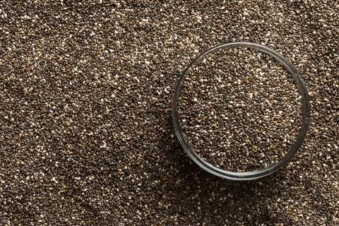 Space for text Texture of Chia seeds in wooden bowl , superfood concept. Top  스톡 사진