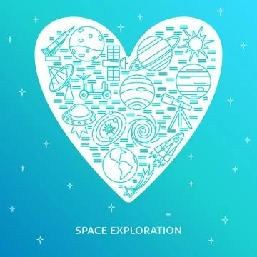 Space theme concept banner in line style with place for text Stock Illustration