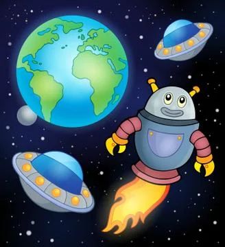 Space theme with flying robot - illustration. Stock Illustration