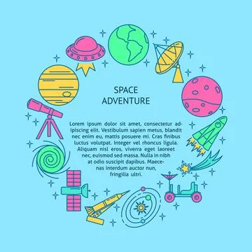 Space theme round concept banner in line style Stock Illustration
