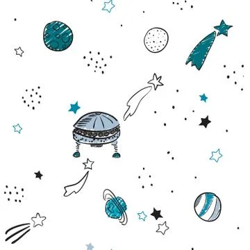 Space theme seamless pattern background. Cute vector illustration. Illustrazione stock