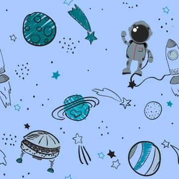 Space theme seamless pattern background. Cute vector illustration. Stock Illustration