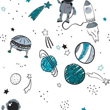 Space theme seamless pattern background. Cute vector illustration. Illustrazione stock