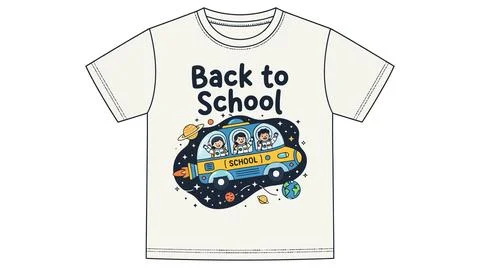 Space themed back to school t shirt with school bus and planets, clothing Stock Illustration