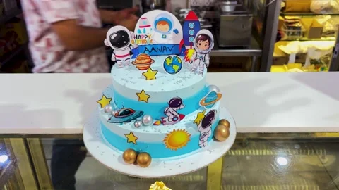 Space Themed Birthday Cake With Astronauts Planets And Rockets For Children Stock Footage 346688134