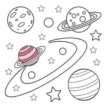 Space Themed Coloring Page Featuring Planets and Stars Stock Illustration