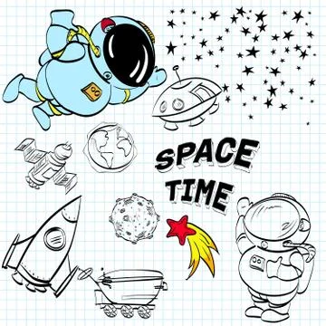Space themed doodle background. Astronautics elements Stock Illustration