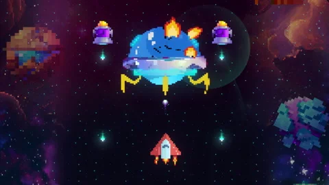 Space-themed retro style arcade fake gameplay: final boss fight victory 스톡 동영상 310930051