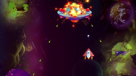 Space-themed retro style arcade: final boss fight and loss, game over. Stock Footage 310975673