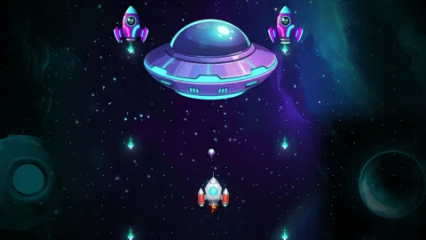 Space-themed retro style arcade fake gameplay: final boss fight and victory. Stock Footage 319368937