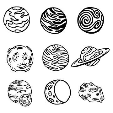 Space-themed set of 8 planets and 1 asteroid, black and white outline Stock Illustration