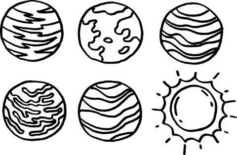 Space-themed set six planets in black and white for coloring Stock Illustration