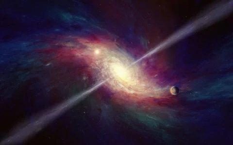 Space-time warping concept, bright quasar in deep space Foto stock