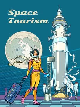 Space tourism. A female astronaut passenger goes to the rocket. Spaceport Stock Illustration