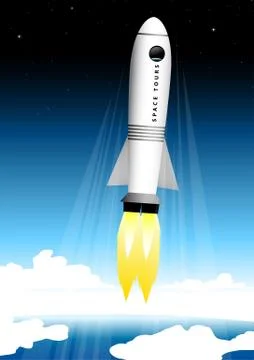 Space tourist rocket blasting off at the launch pad into space Stock Illustration